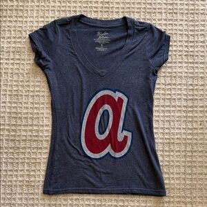 Atlanta Braves women’s Navy V‑Neck Graphic Tee with Red Script 'a'